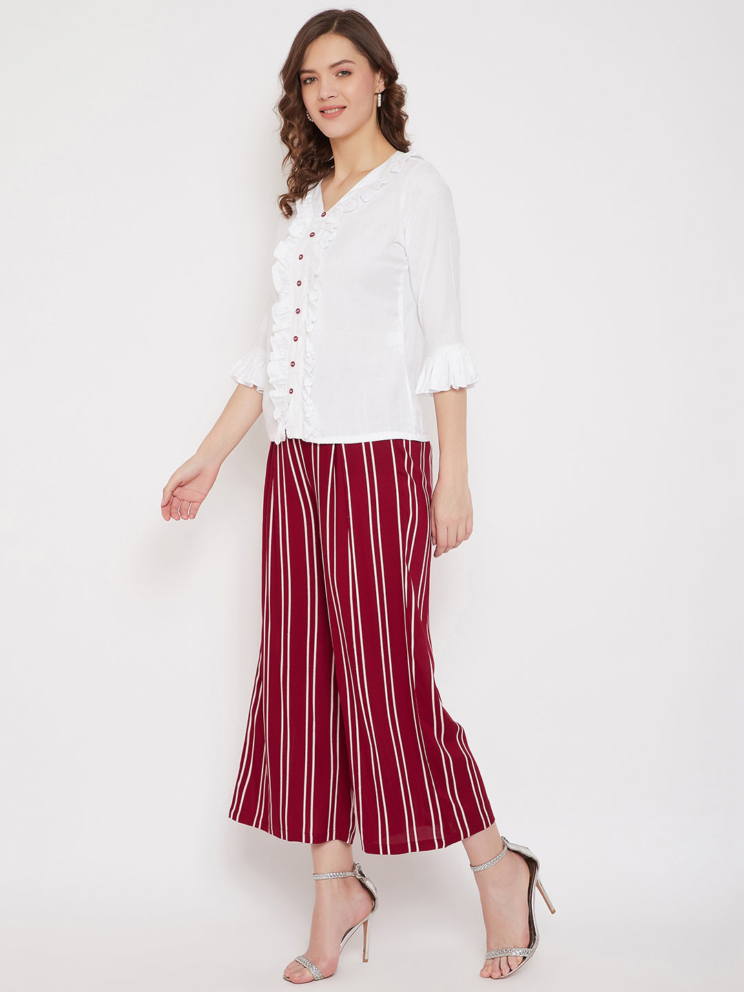 White Ruffled Top & Maroon Stripe Palazzo Set (Sku- BLMD21SP14).