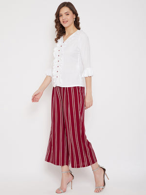 White Ruffled Top & Maroon Stripe Palazzo Set (Sku- BLMD21SP14).