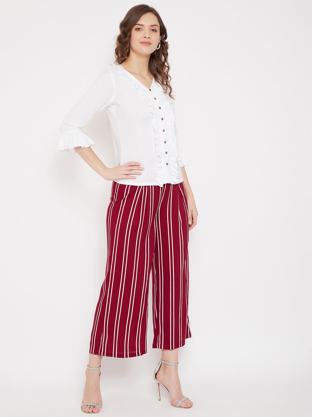White Ruffled Top & Maroon Stripe Palazzo Set (Sku- BLMD21SP14).