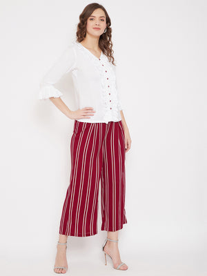 White Ruffled Top & Maroon Stripe Palazzo Set (Sku- BLMD21SP14).