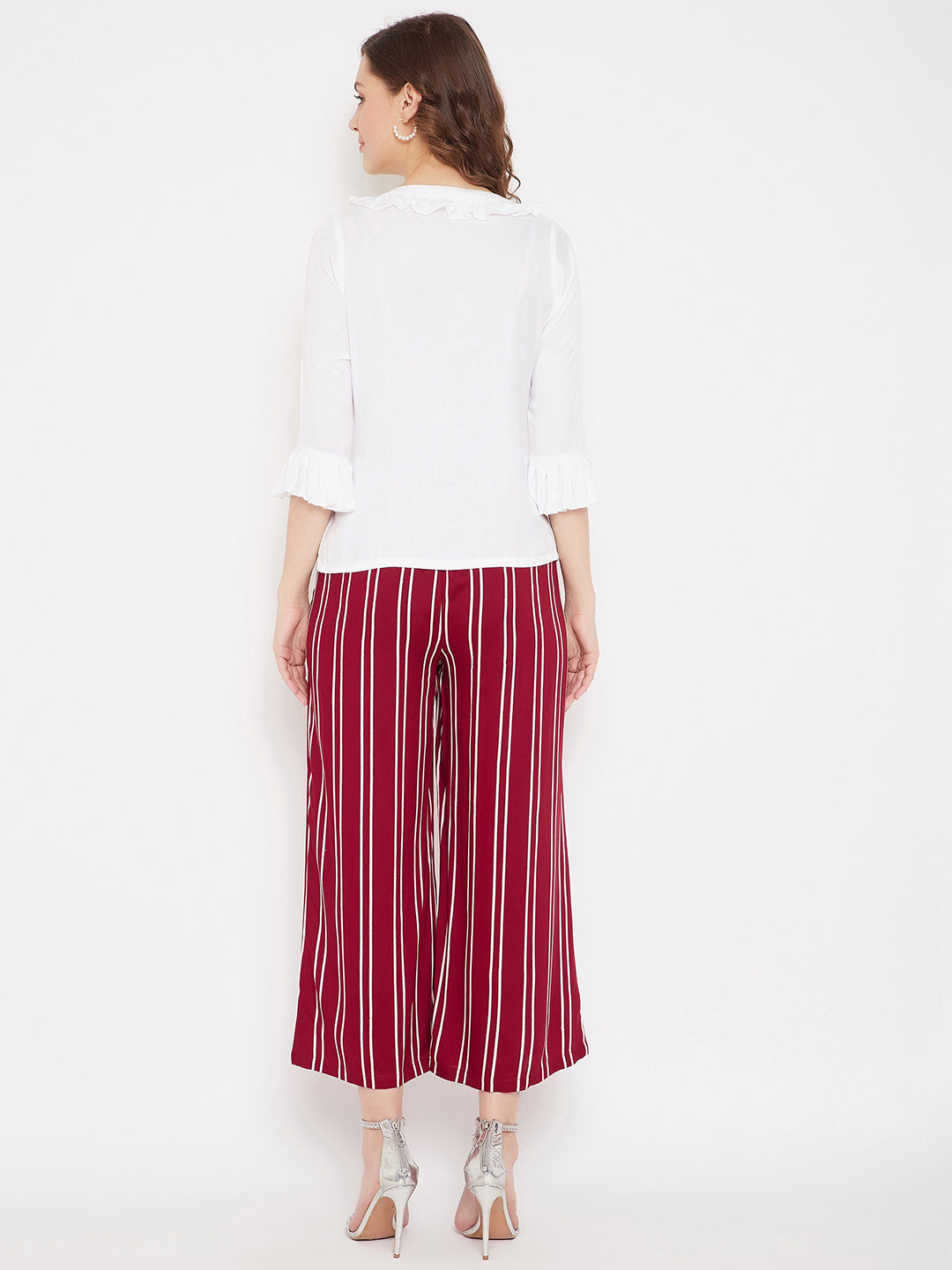 White Ruffled Top & Maroon Stripe Palazzo Set (Sku- BLMD21SP14).
