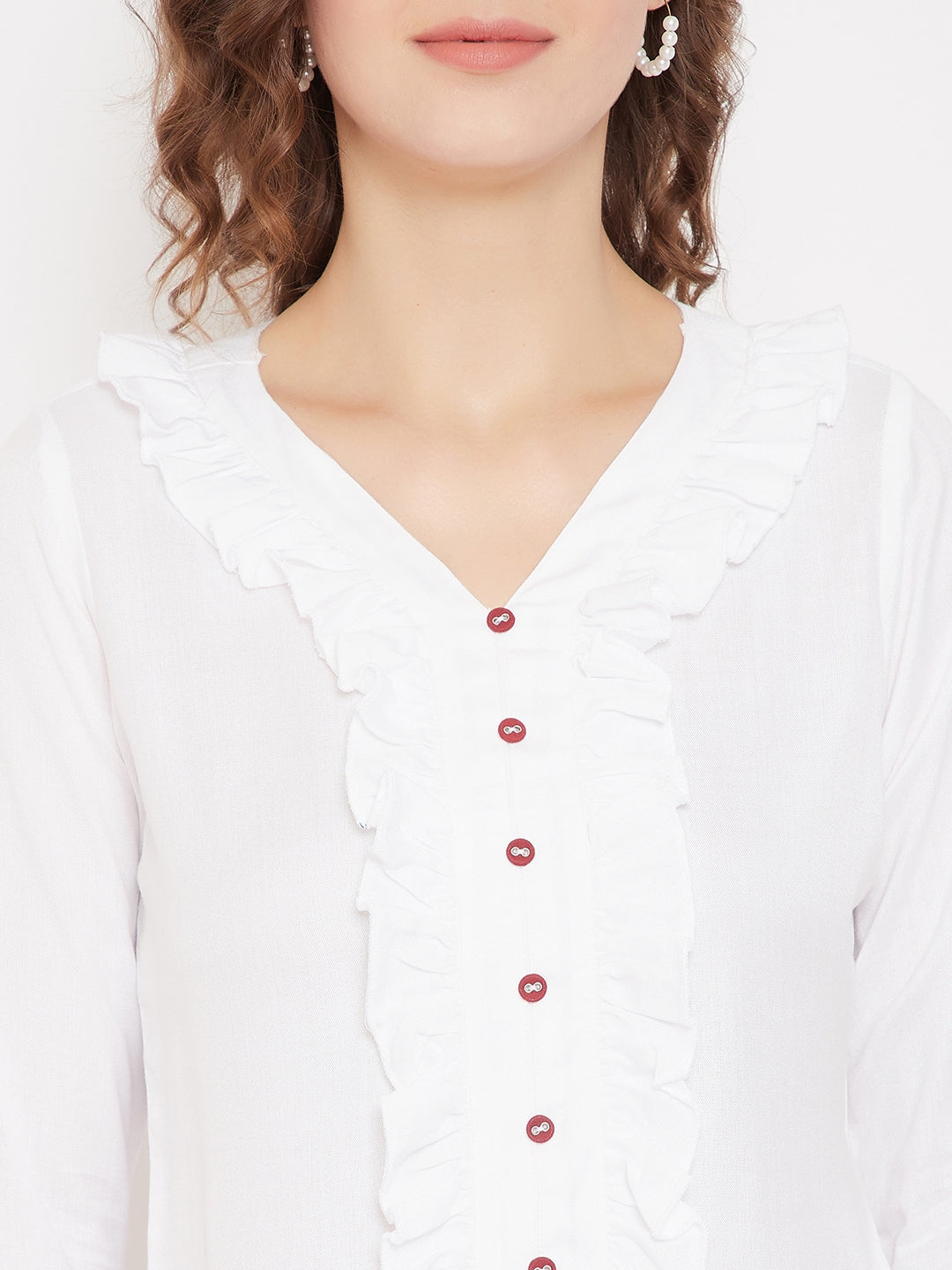 White Ruffled Top & Maroon Stripe Palazzo Set (Sku- BLMD21SP14).
