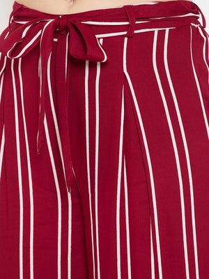 White Ruffled Top & Maroon Stripe Palazzo Set (Sku- BLMD21SP14).