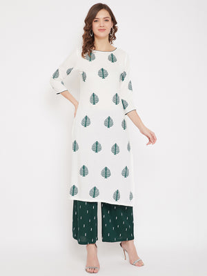 White Block Printed Kurta & Green Palazzo Set.