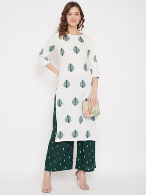 White Block Printed Kurta & Green Palazzo Set.