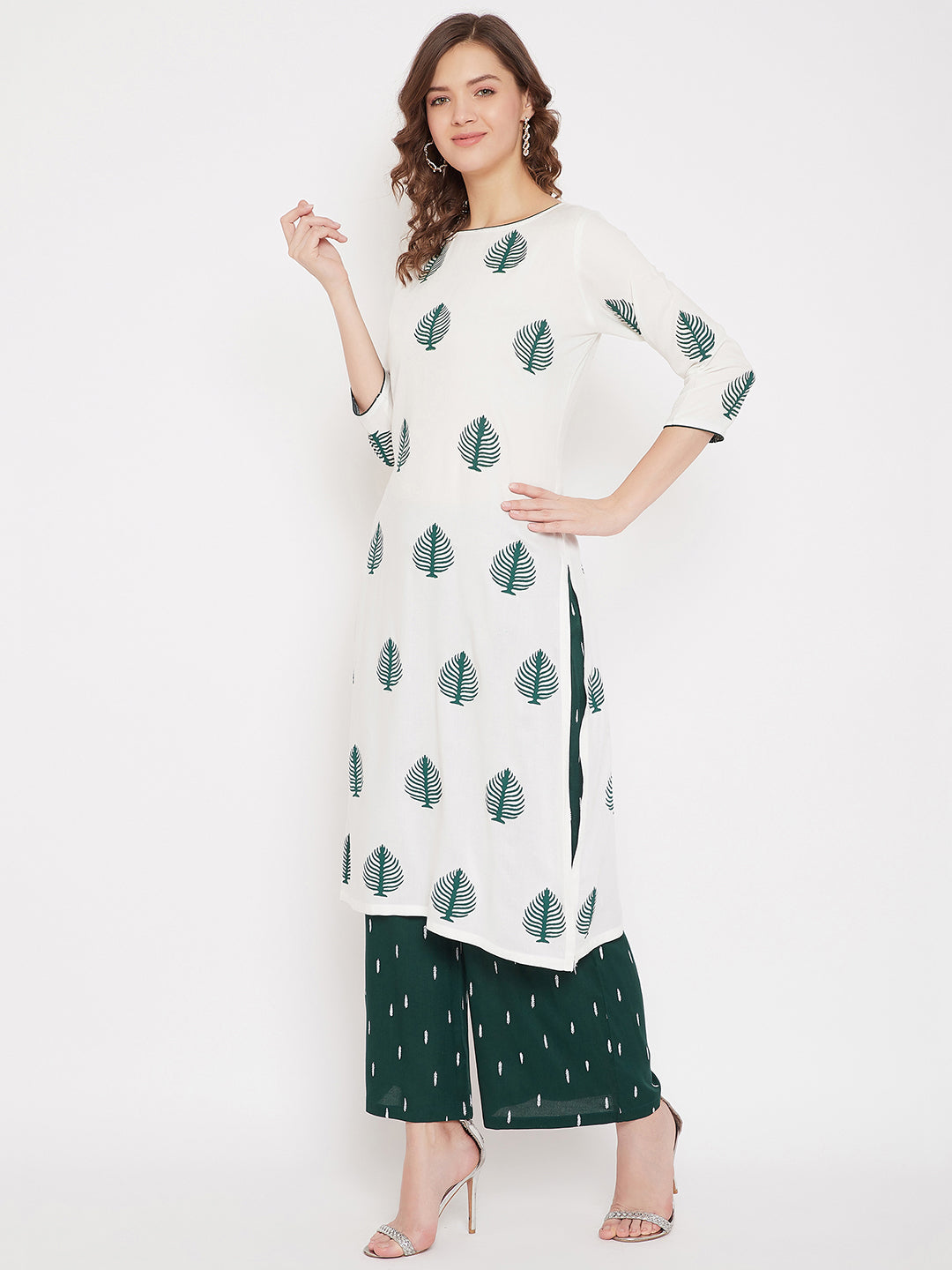 White Block Printed Kurta & Green Palazzo Set.