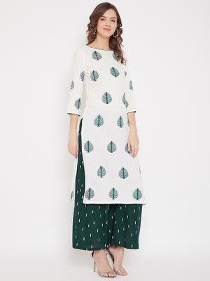 White Block Printed Kurta & Green Palazzo Set.