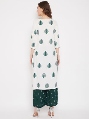 White Block Printed Kurta & Green Palazzo Set.