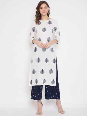 White Block Print A-line Kurta & Navy Blue Palazzo Set (Sku-BLMD21SP19).