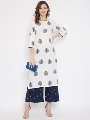 White Block Print A-line Kurta & Navy Blue Palazzo Set (Sku-BLMD21SP19).