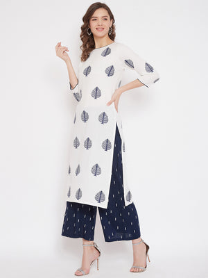 White Block Print A-line Kurta & Navy Blue Palazzo Set (Sku-BLMD21SP19).