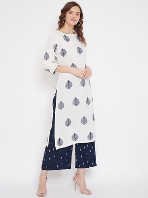 White Block Print A-line Kurta & Navy Blue Palazzo Set (Sku-BLMD21SP19).