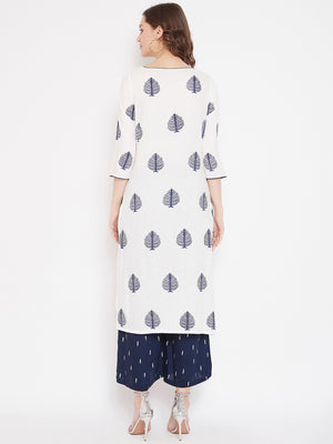 White Block Print A-line Kurta & Navy Blue Palazzo Set (Sku-BLMD21SP19).