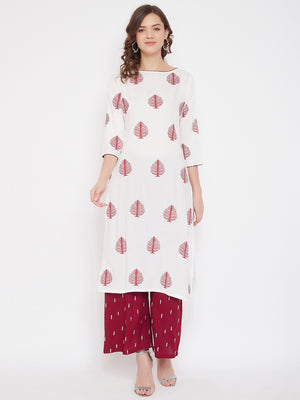 White Block Print A-line Kurta & Maroon Palazzo Set( Sku-BLMD21SP20).