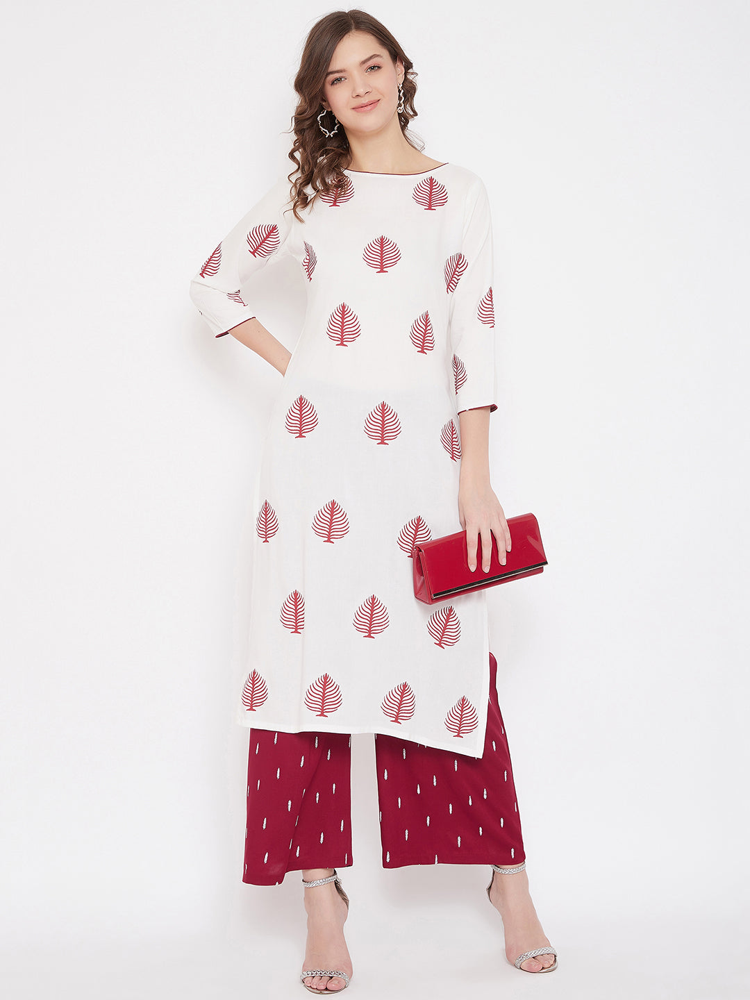 White Block Print A-line Kurta & Maroon Palazzo Set( Sku-BLMD21SP20).