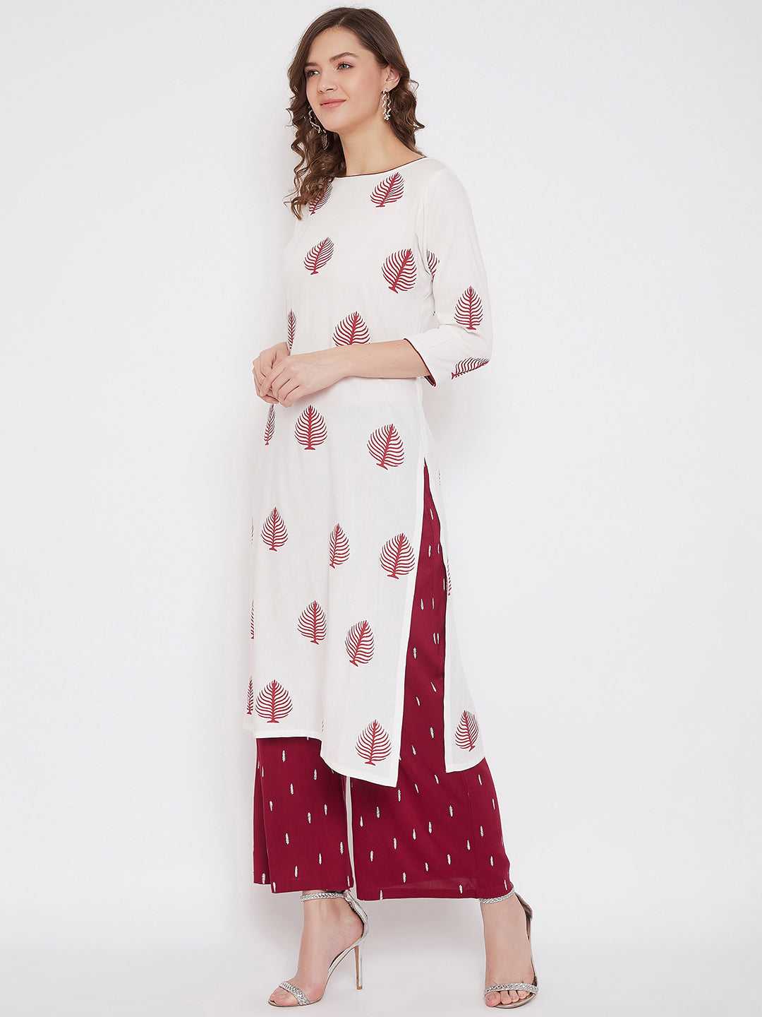 White Block Print A-line Kurta & Maroon Palazzo Set( Sku-BLMD21SP20).