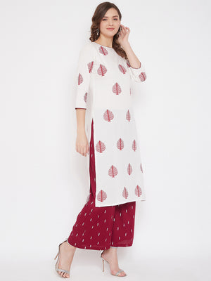 White Block Print A-line Kurta & Maroon Palazzo Set( Sku-BLMD21SP20).