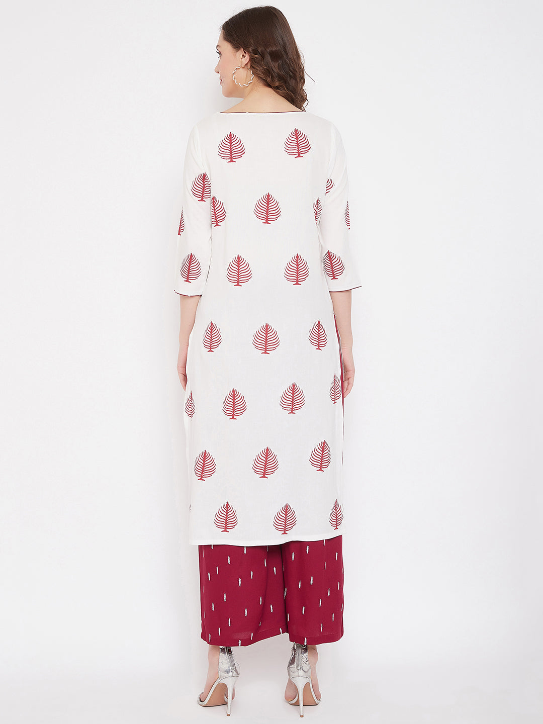 White Block Print A-line Kurta & Maroon Palazzo Set( Sku-BLMD21SP20).