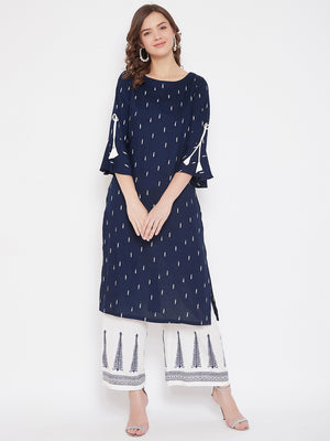 Rayon Navy Blue Printed Kurta & White Block Print Palazzo Set (Sku - BLMD21SP22).