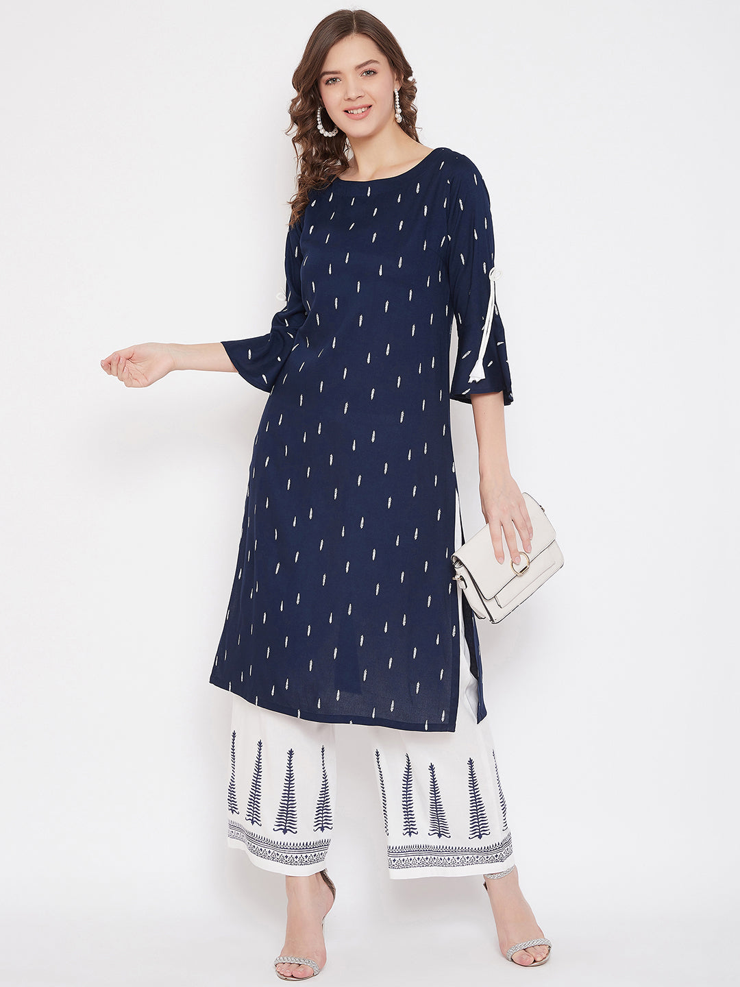 Rayon Navy Blue Printed Kurta & White Block Print Palazzo Set (Sku - BLMD21SP22).