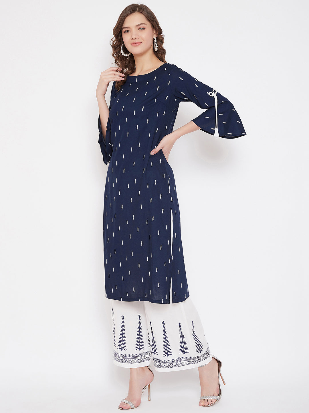 Rayon Navy Blue Printed Kurta & White Block Print Palazzo Set (Sku - BLMD21SP22).