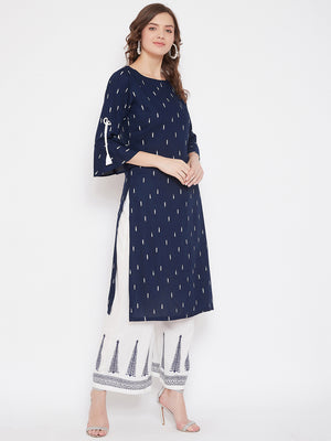 Rayon Navy Blue Printed Kurta & White Block Print Palazzo Set (Sku - BLMD21SP22).