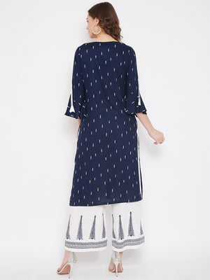 Rayon Navy Blue Printed Kurta & White Block Print Palazzo Set (Sku - BLMD21SP22).