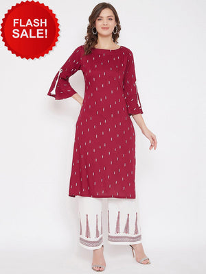 Maroon Printed Kurta & White Block Print Palazzo Set (Sku- BLMD21SP23).