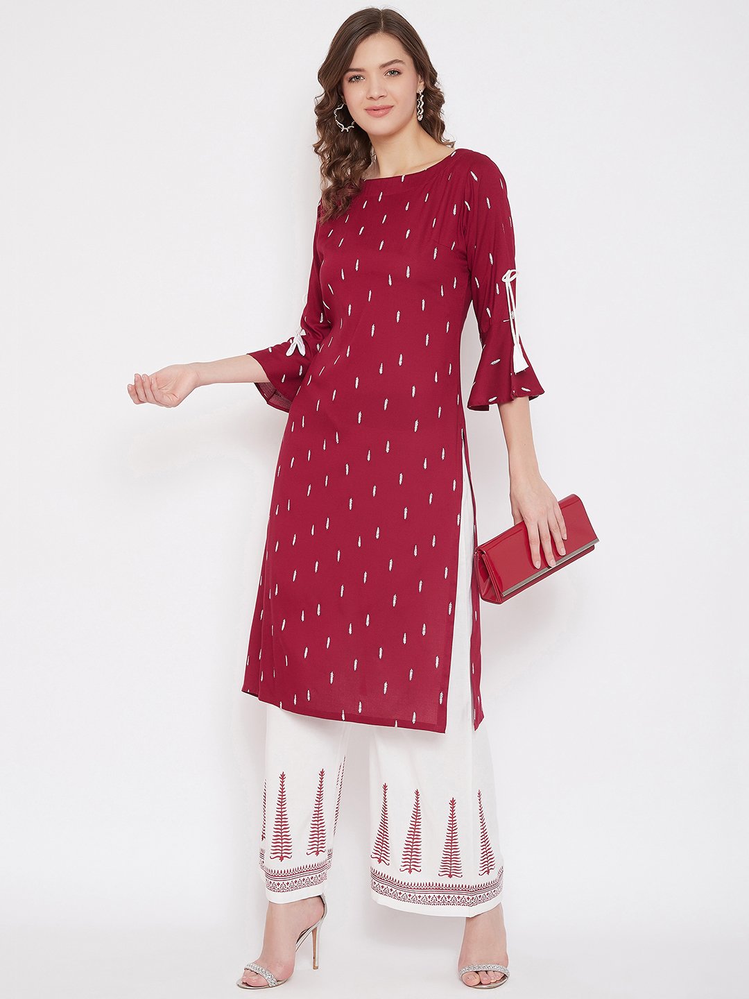 Maroon Printed Kurta & White Block Print Palazzo Set (Sku- BLMD21SP23).