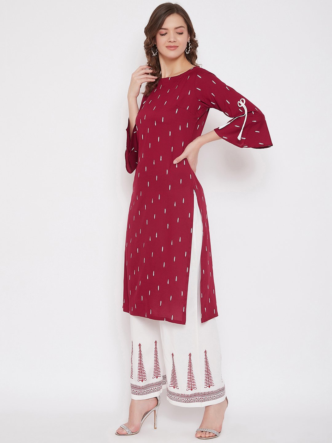 Maroon Printed Kurta & White Block Print Palazzo Set (Sku- BLMD21SP23).