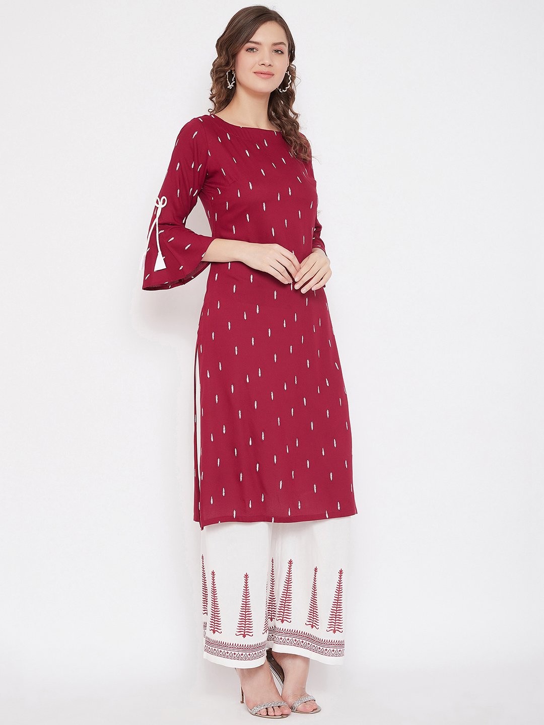 Maroon Printed Kurta & White Block Print Palazzo Set (Sku- BLMD21SP23).