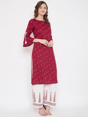 Maroon Printed Kurta & White Block Print Palazzo Set (Sku- BLMD21SP23).