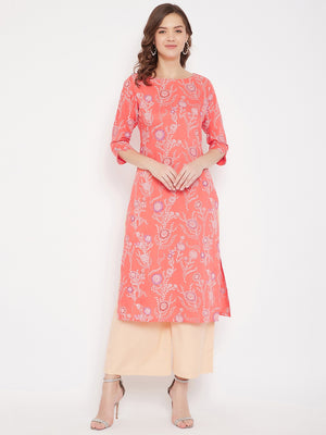 Coral Red Printed Straight Kurta With Palazzo (Sku-BLMD21SP24).