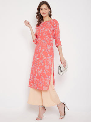 Coral Red Printed Straight Kurta With Palazzo (Sku-BLMD21SP24).