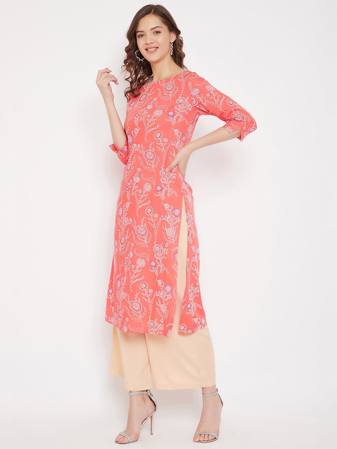 Coral Red Printed Straight Kurta With Palazzo (Sku-BLMD21SP24).