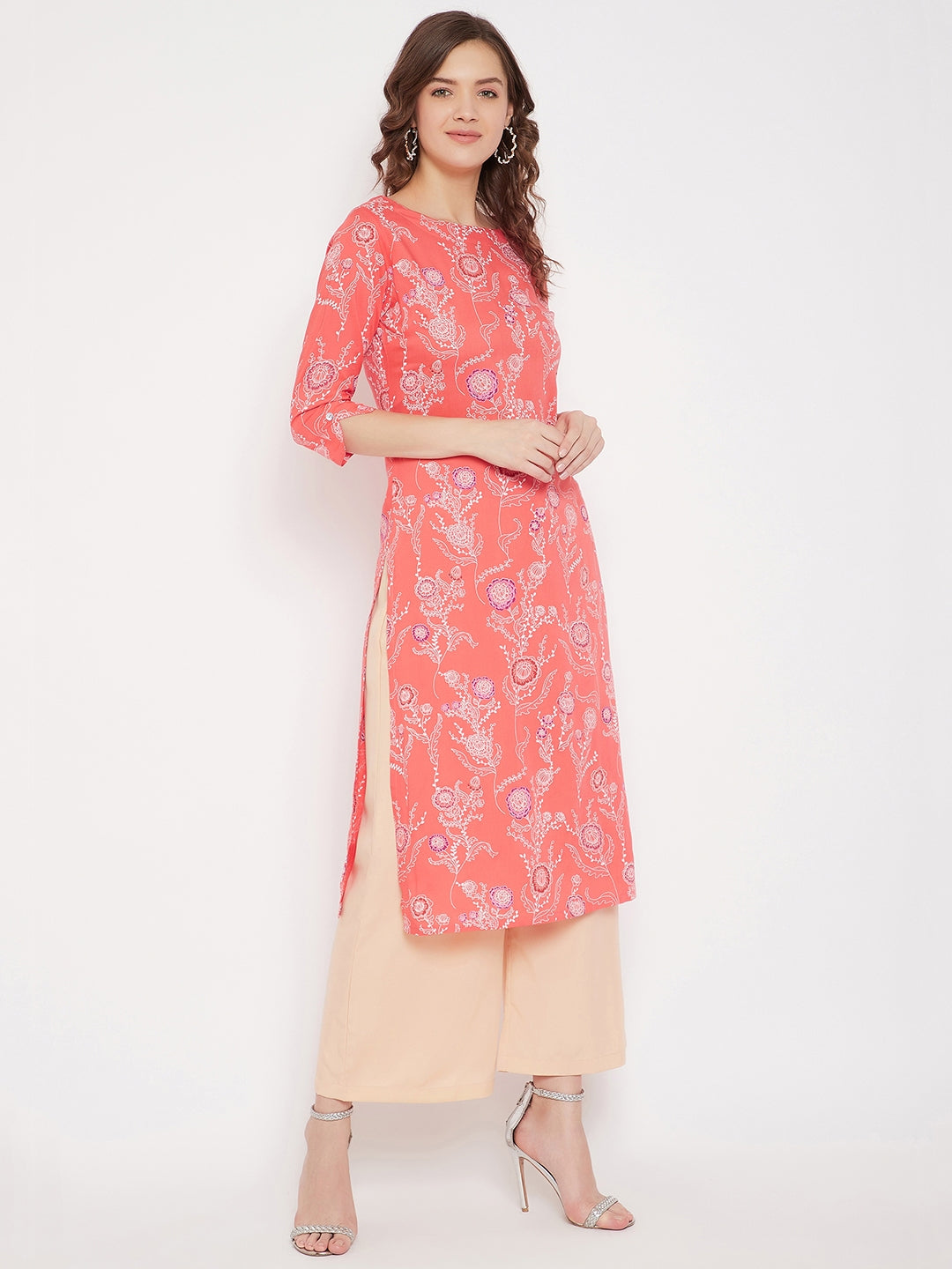 Coral Red Printed Straight Kurta With Palazzo (Sku-BLMD21SP24).