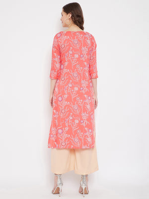 Coral Red Printed Straight Kurta With Palazzo (Sku-BLMD21SP24).