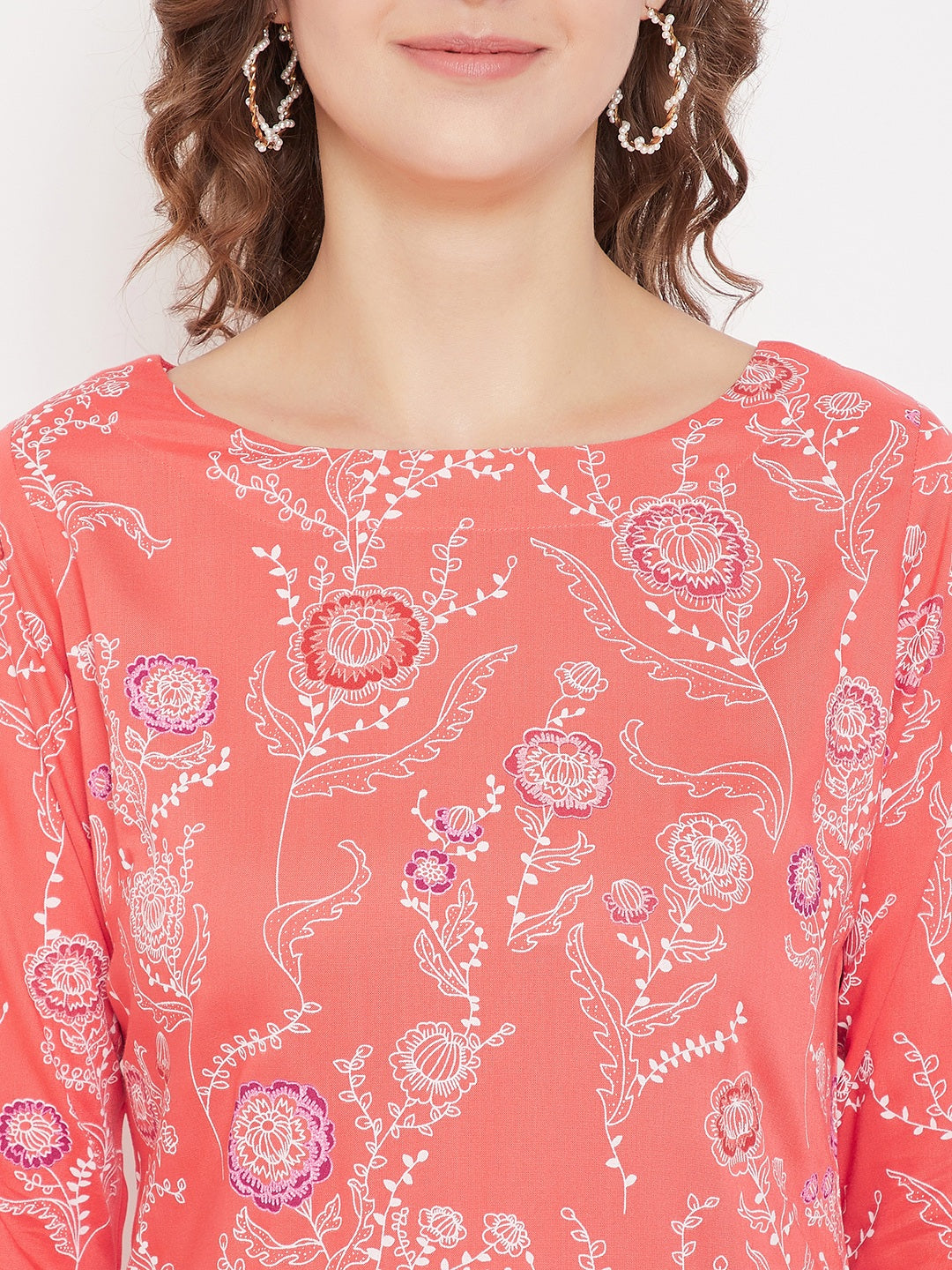 Coral Red Printed Straight Kurta With Palazzo (Sku-BLMD21SP24).