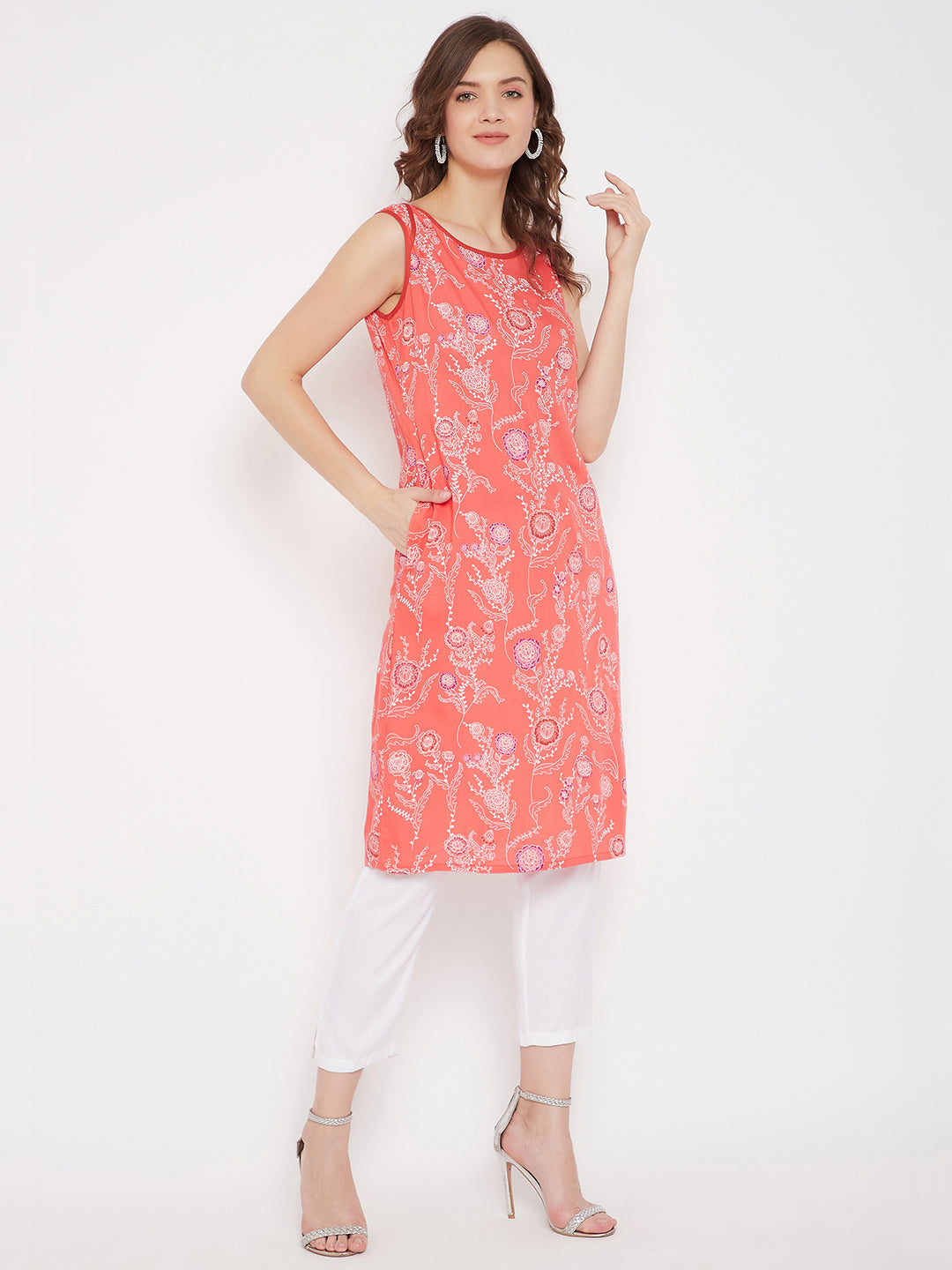 Printed Tunic & White Trouser Set (Sku- BLMD21SP26).