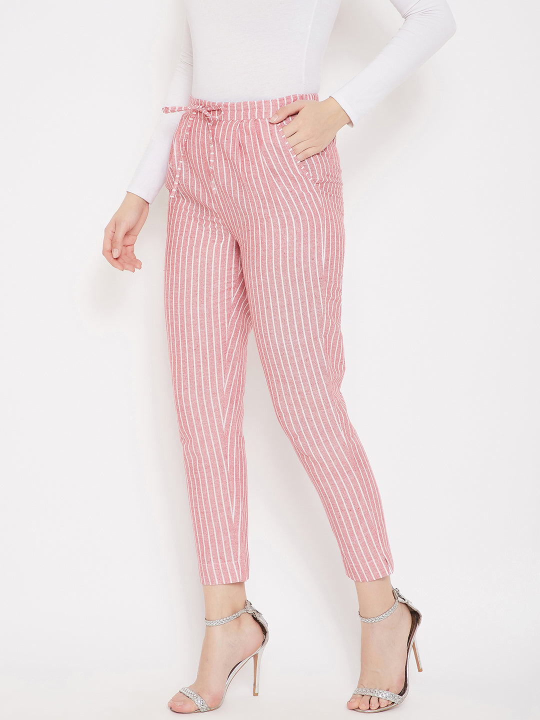 Red Cotton Striped Trouser (Sku- BLMD21SP28).