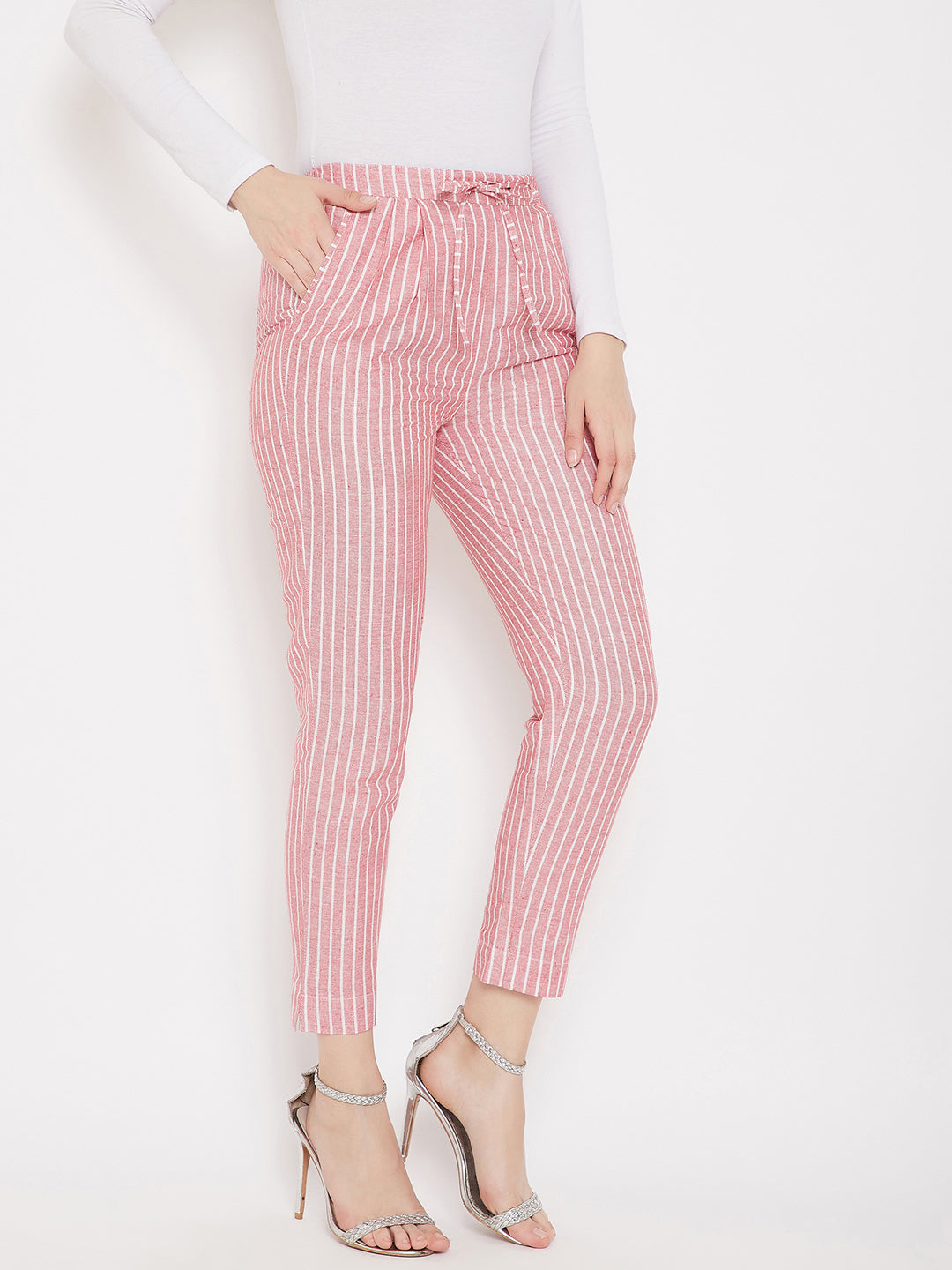 Red Cotton Striped Trouser (Sku- BLMD21SP28).