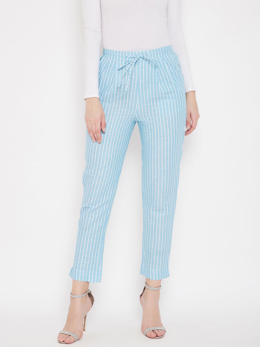 Cotton Sky Blue Striped Trouser (Sku- BLMD21SP29).