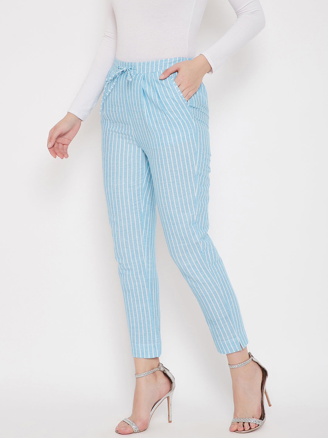 Cotton Sky Blue Striped Trouser (Sku- BLMD21SP29).