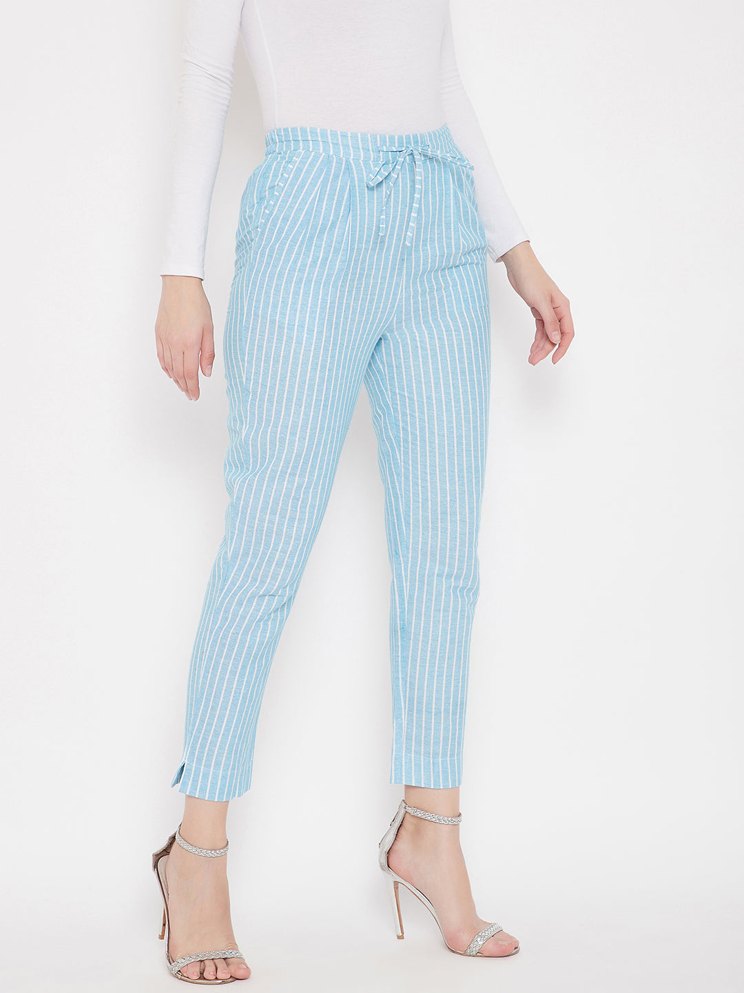 Cotton Sky Blue Striped Trouser (Sku- BLMD21SP29).