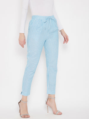 Cotton Sky Blue Striped Trouser (Sku- BLMD21SP29).
