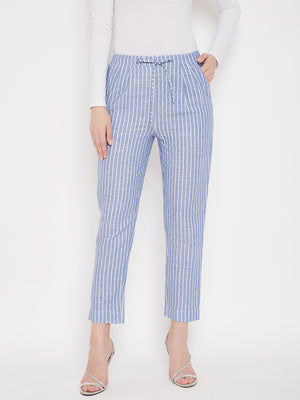 Ink Blue Cotton Striped Regular Trouser (Sku-BLMD21SP30).