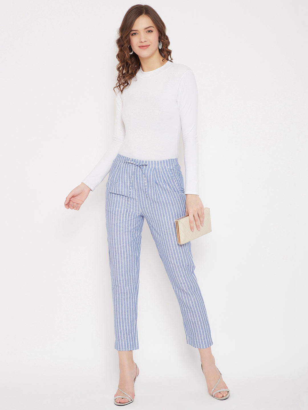 Ink Blue Cotton Striped Regular Trouser (Sku-BLMD21SP30).