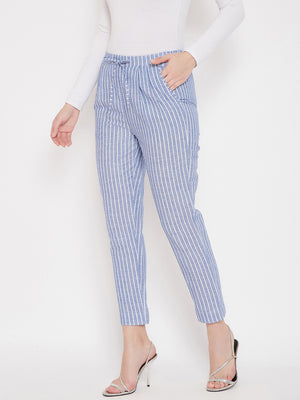Ink Blue Cotton Striped Regular Trouser (Sku-BLMD21SP30).