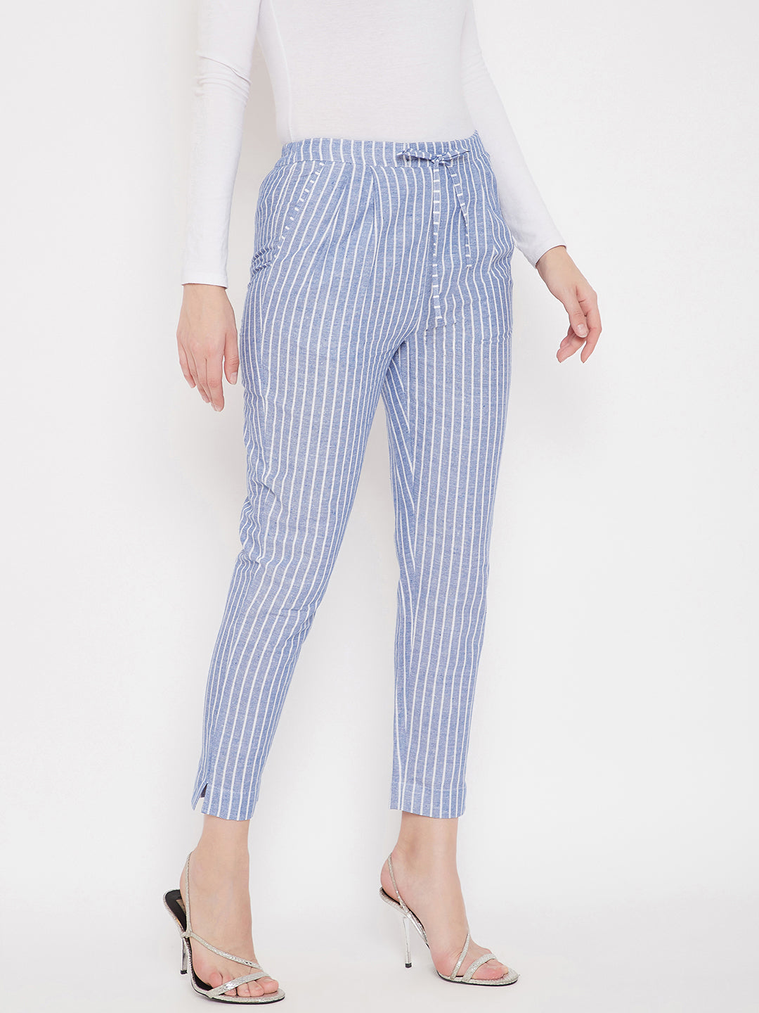 Ink Blue Cotton Striped Regular Trouser (Sku-BLMD21SP30).