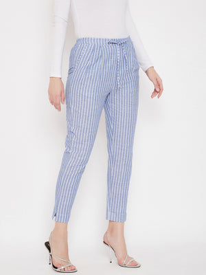 Ink Blue Cotton Striped Regular Trouser (Sku-BLMD21SP30).